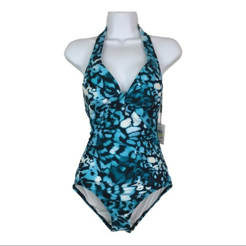 Calvin Klein Halter One Piece Swimsuit Size 4 Teal Twist Front Resort Cruise NWT